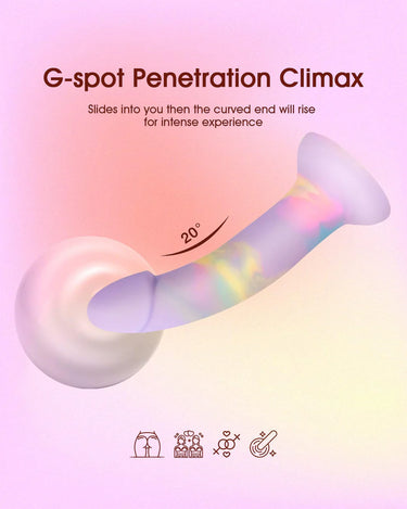 Purple Cloud Strap-On Dildo displayed against a soft backdrop, showcasing its gorgeous lavender, blush, and golden tones.